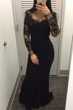  Mermaid Black Zipper Bateau Beading and Lace Prom Evening Gown Satin Long Sleeves