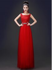 Unique Scoop Appliques Homecoming Dress Red Zipper Sleeveless Floor Length