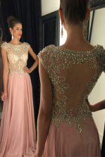 Luxurious Scoop Sequins Pink Sleeveless Chiffon Zipper Prom Dress for Prom and Party