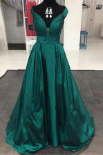 Customized Off The Shoulder Sleeveless Satin Prom Dress Pleated Sweep Train Zipper