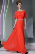 Clearance Scoop Coral Red Column/Sheath Appliques Dress for Prom Side Zipper Chiffon Short Sleeves Ankle Length