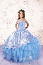 New Arrival Ruffled Floor Length Ball Gowns Sleeveless Baby Blue Kids Formal Wear Lace Up