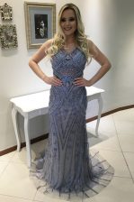 Elegant Mermaid Sleeveless Sweep Train Beading and Appliques Backless 
