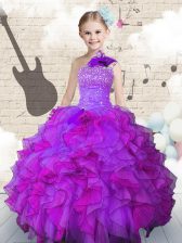  One Shoulder Floor Length Purple Kids Formal Wear Organza Sleeveless Beading and Ruffles