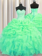 Best Green Ball Gowns Organza Sweetheart Sleeveless Beading and Ruffles and Pick Ups Floor Length Lace Up Ball Gown Prom Dress