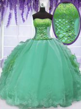 Glamorous Turquoise Ball Gowns Embroidery and Ruffles Sweet 16 Dress Lace Up Organza Sleeveless Floor Length