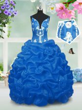 Custom Fit Aqua Blue Taffeta Lace Up Little Girls Pageant Gowns Sleeveless Floor Length Beading and Pick Ups