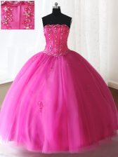  Strapless Sleeveless Quince Ball Gowns Floor Length Beading Hot Pink Tulle