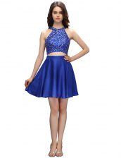  Royal Blue Satin Zipper High-neck Sleeveless Mini Length Prom Gown Beading