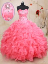  Sleeveless Floor Length Beading and Ruffles Lace Up Quinceanera Dresses with Pink