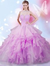  Lilac Lace Up High-neck Beading and Ruffles 15 Quinceanera Dress Tulle Sleeveless