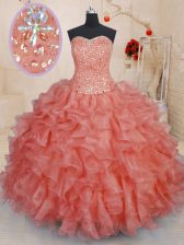  Watermelon Red Sleeveless Beading and Ruffles Floor Length Sweet 16 Quinceanera Dress