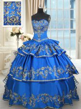Popular Sleeveless Taffeta Floor Length Lace Up Sweet 16 Dress in Blue with Beading and Embroidery and Ruffled Layers