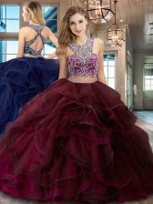  Burgundy Scoop Neckline Beading and Ruffles Quinceanera Gowns Sleeveless Criss Cross
