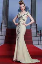  Mermaid Light Yellow Chiffon Side Zipper Prom Dress Cap Sleeves With Brush Train Embroidery