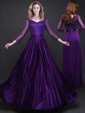 Gorgeous Purple Lace Up Homecoming Dress Appliques and Belt Long Sleeves Floor Length