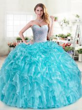 Beautiful Sleeveless Floor Length Beading and Ruffles Lace Up Vestidos de Quinceanera with Aqua Blue