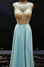  Scoop Aqua Blue Chiffon Side Zipper Prom Gown Sleeveless Floor Length Beading