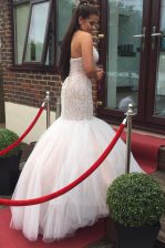  Mermaid Halter Top White Backless Beading and Ruching Sleeveless Floor Length