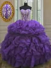 Latest Organza Sweetheart Sleeveless Lace Up Beading and Ruffles Sweet 16 Quinceanera Dress in Purple