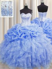  Visible Boning Baby Blue Organza Lace Up Sweetheart Sleeveless Floor Length 15th Birthday Dress Ruffles and Pick Ups