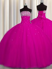 Vintage Puffy Skirt Fuchsia Tulle Lace Up Ball Gown Prom Dress Sleeveless Floor Length Beading and Sequins