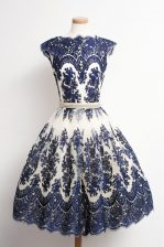 Glorious Scalloped Knee Length A-line Cap Sleeves Navy Blue Prom Dress Zipper