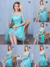  Scoop Lace and Appliques and Bowknot Quinceanera Dama Dress Aqua Blue Lace Up Sleeveless Knee Length