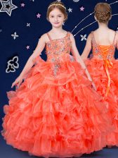 Perfect Sleeveless Floor Length Beading and Ruffled Layers Lace Up Little Girl Pageant Gowns with Orange
