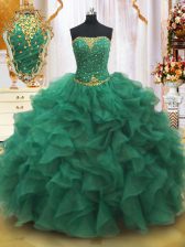 Most Popular Beading and Ruffles 15 Quinceanera Dress Dark Green Lace Up Sleeveless Floor Length