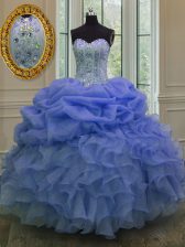 Chic Blue Sleeveless Floor Length Beading and Pick Ups Lace Up Sweet 16 Quinceanera Dress