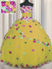 Stunning Strapless Sleeveless Quince Ball Gowns Floor Length Hand Made Flower Gold Tulle