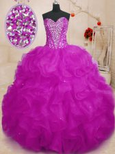  Floor Length Fuchsia Quinceanera Dresses Organza Sleeveless Beading and Ruffles