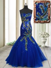 Low Price Mermaid Sleeveless Tulle Brush Train Lace Up Dress for Prom in Blue with Beading and Appliques and Sequins
