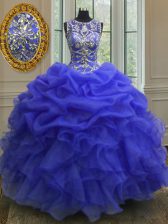 New Arrival Scoop Royal Blue Sleeveless Organza Lace Up Ball Gown Prom Dress for Military Ball and Sweet 16 and Quinceanera
