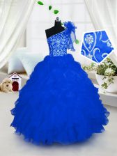 Affordable Royal Blue Lace Up One Shoulder Embroidery and Ruffles Child Pageant Dress Organza Sleeveless