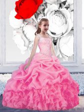 Fabulous Organza Straps Sleeveless Lace Up Beading and Ruffles and Pick Ups Flower Girl Dress in Rose Pink