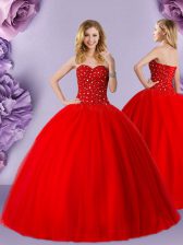 Custom Design Red Sleeveless Tulle Lace Up Ball Gown Prom Dress for Military Ball and Sweet 16 and Quinceanera