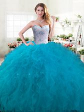 Admirable Sweetheart Sleeveless Quinceanera Gown Floor Length Beading and Ruffles Teal Tulle