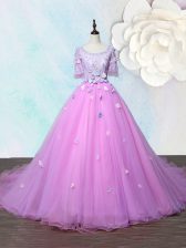 Court Train A-line Prom Evening Gown Lilac Scoop Organza Half Sleeves With Train Lace Up
