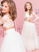  Scoop Long Sleeves Chiffon Floor Length Clasp Handle Flower Girl Dresses for Less in White with Lace