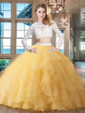 Glorious Scoop Beading and Lace and Ruffles Sweet 16 Quinceanera Dress Gold Zipper Long Sleeves Brush Train