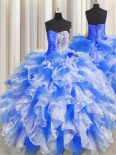 Luxury Sweetheart Sleeveless Quinceanera Dresses Floor Length Beading and Ruffles and Ruching Blue And White Organza