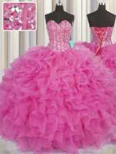 Graceful Visible Boning Sleeveless Floor Length Beading and Ruffles Lace Up Sweet 16 Quinceanera Dress with Hot Pink