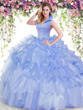 Lovely Backless Organza Sleeveless Floor Length 15 Quinceanera Dress and Beading and Ruffled Layers