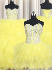 Most Popular Three Piece Floor Length Lace Up 15th Birthday Dress Yellow for Military Ball and Sweet 16 and Quinceanera with Beading and Ruffles