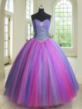  Multi-color Ball Gowns Beading Quince Ball Gowns Lace Up Tulle Sleeveless Floor Length