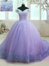  Lavender Off The Shoulder Lace Up Hand Made Flower Vestidos de Quinceanera Court Train Short Sleeves