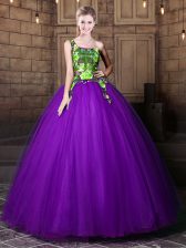 Pretty One Shoulder Eggplant Purple Sleeveless Floor Length Pattern Lace Up Sweet 16 Quinceanera Dress