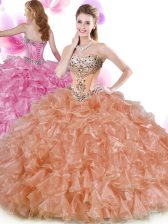  Organza Sweetheart Sleeveless Lace Up Beading and Ruffles Quinceanera Gowns in Rust Red and Peach